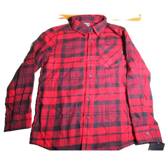 Hurley Boy's Flannel Plaid Button Down Shirt Size Medium (10/12) Red and Black - Picture 2 of 8